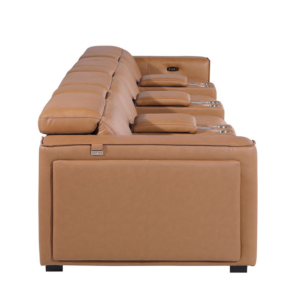 170" Beige Top Grain Leather Reclining Metal USB Sofa