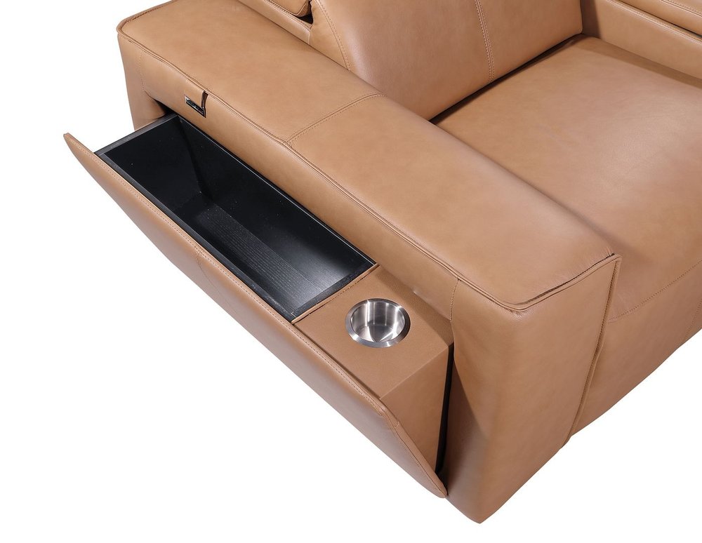 170" Beige Top Grain Leather Reclining Metal USB Sofa
