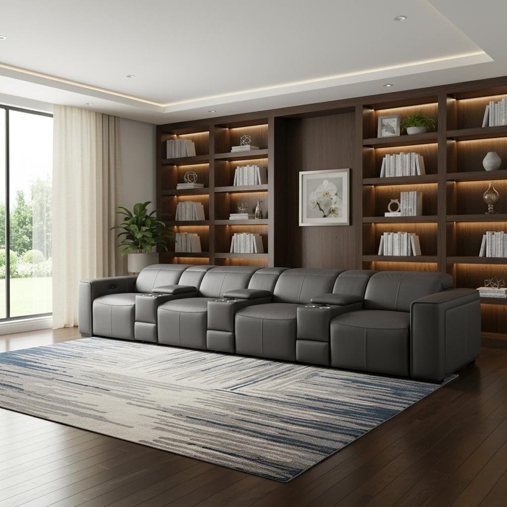 170" Beige Top Grain Leather Reclining Metal USB Sofa