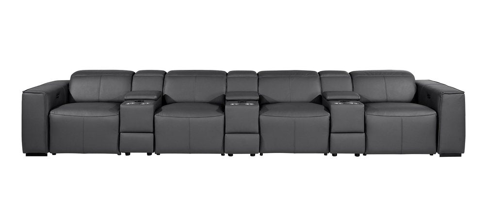 170" Beige Top Grain Leather Reclining Metal USB Sofa