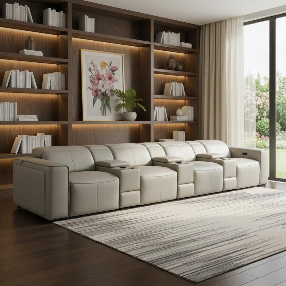 170" Beige Top Grain Leather Reclining Metal USB Sofa