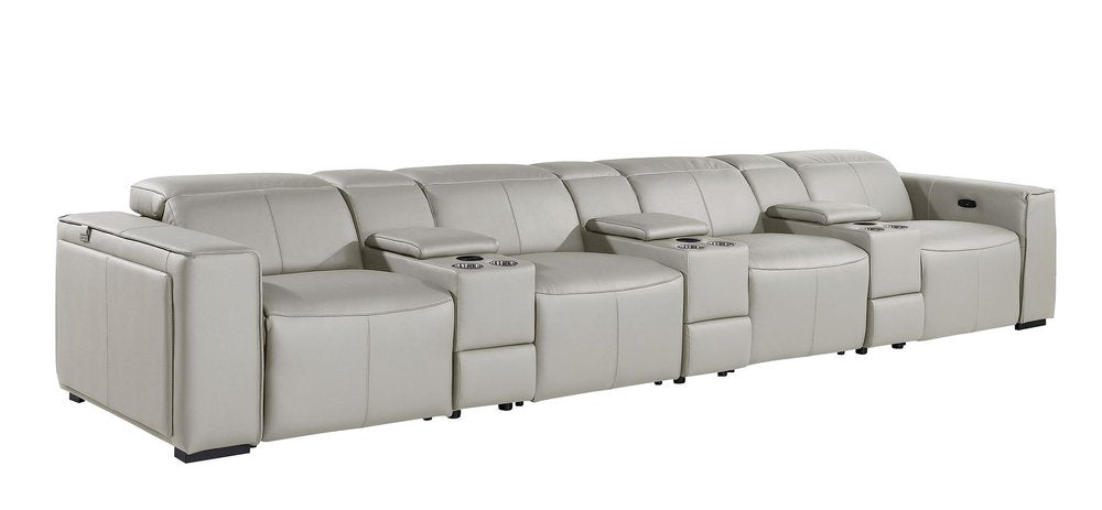 170" Beige Top Grain Leather Reclining Metal USB Sofa