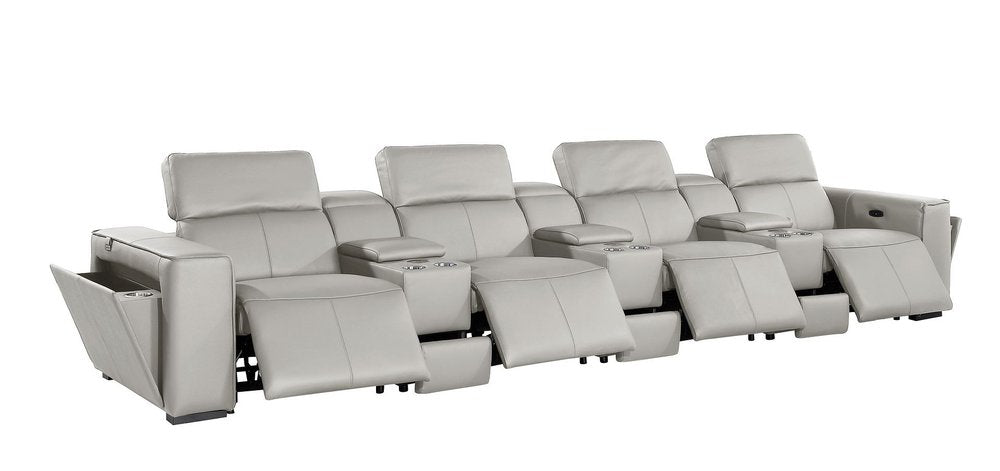 170" Beige Top Grain Leather Reclining Metal USB Sofa