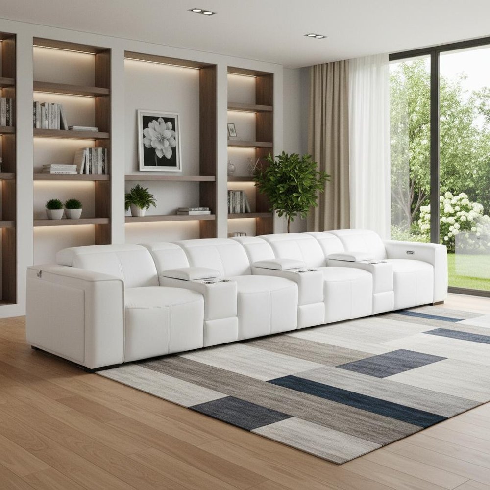 170" Beige Top Grain Leather Reclining Metal USB Sofa