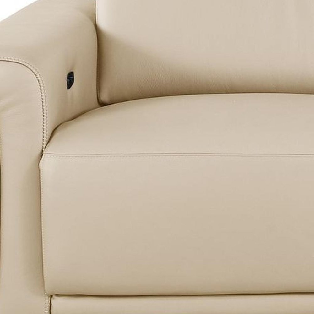 100" Beige Top Grain Leather Reclining Metal USB Sofa