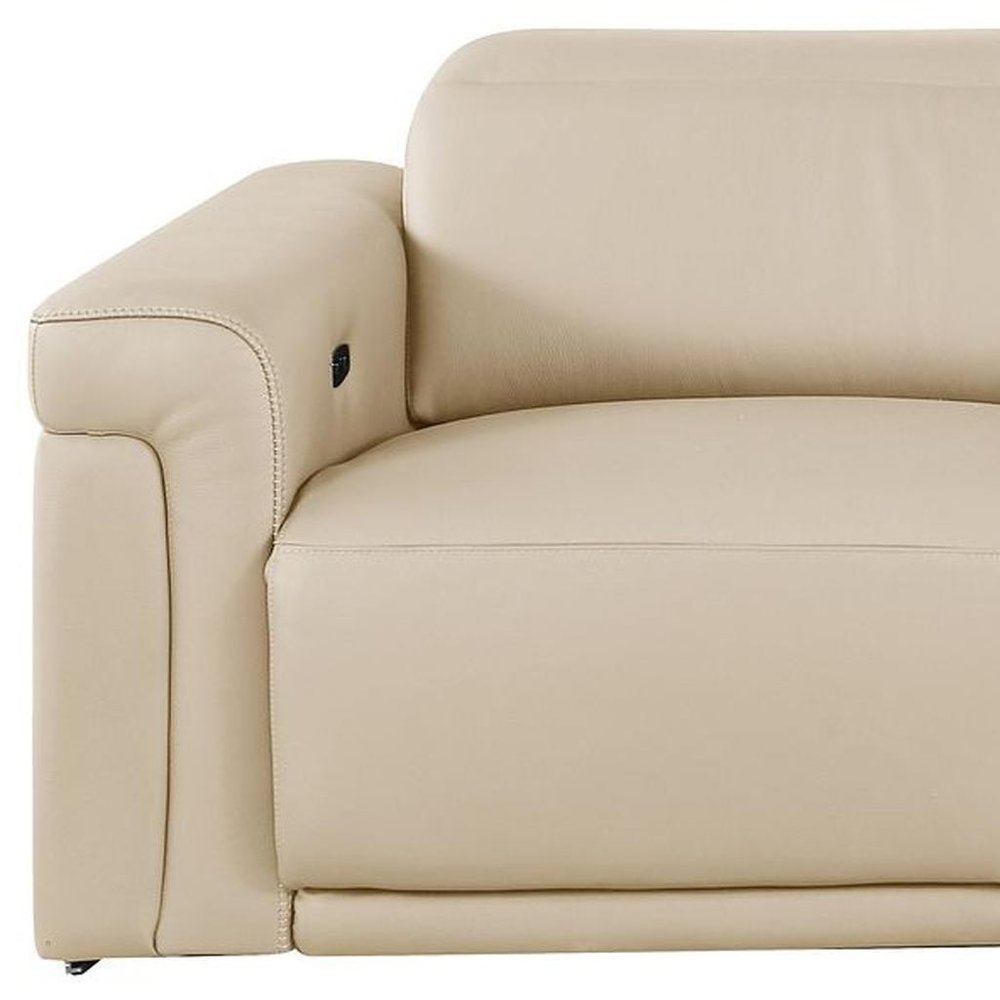 100" Beige Top Grain Leather Reclining Metal USB Sofa