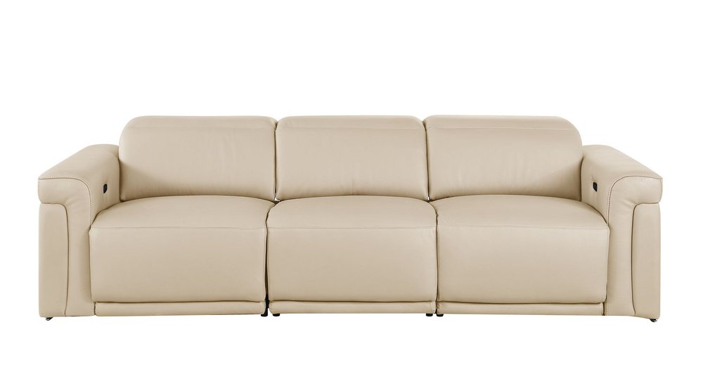 100" Beige Top Grain Leather Reclining Metal USB Sofa