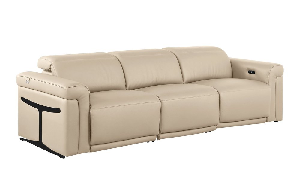 100" Beige Top Grain Leather Reclining Metal USB Sofa