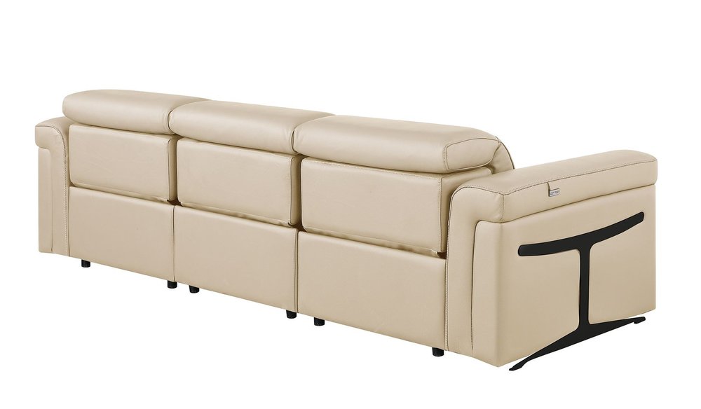 100" Beige Top Grain Leather Reclining Metal USB Sofa