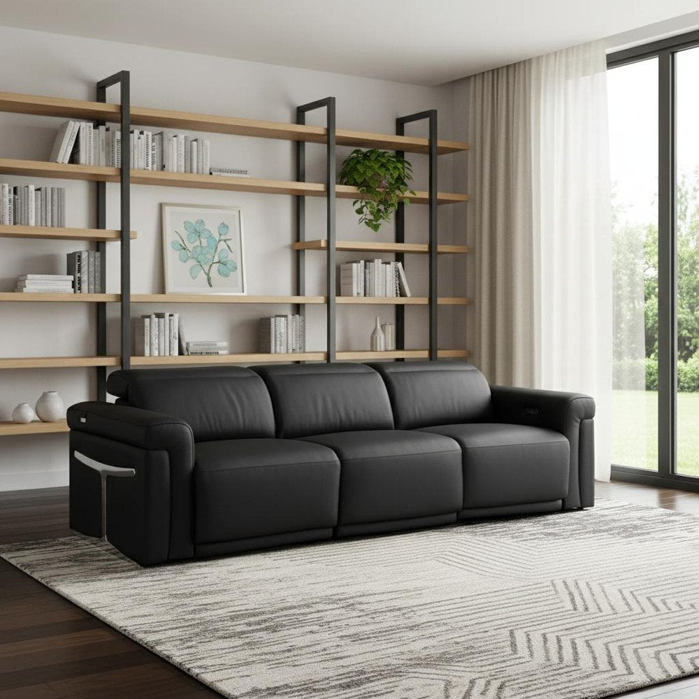 100" Beige Top Grain Leather Reclining Metal USB Sofa