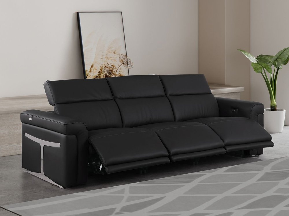 100" Beige Top Grain Leather Reclining Metal USB Sofa