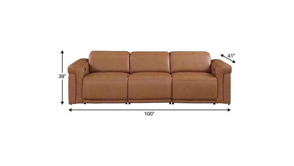 100" Beige Top Grain Leather Reclining Metal USB Sofa