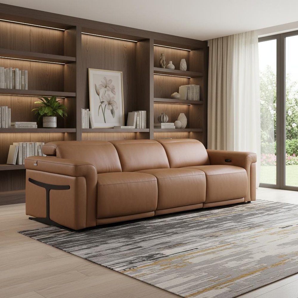 100" Beige Top Grain Leather Reclining Metal USB Sofa
