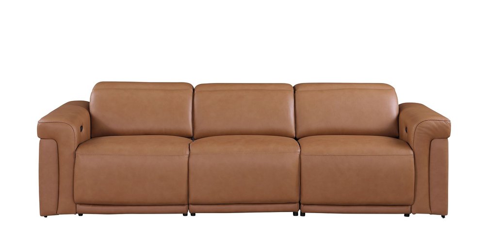 100" Beige Top Grain Leather Reclining Metal USB Sofa