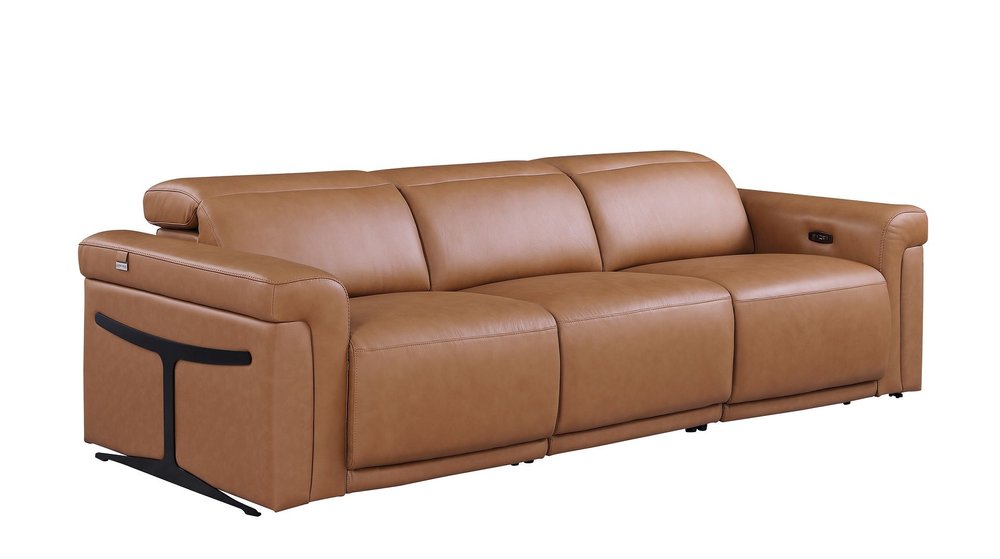 100" Beige Top Grain Leather Reclining Metal USB Sofa