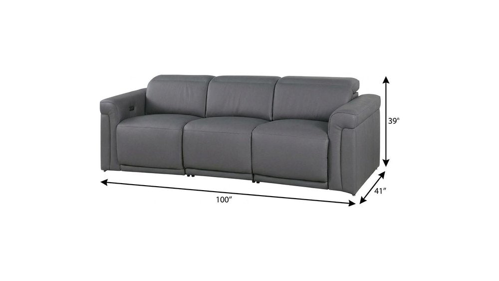 100" Beige Top Grain Leather Reclining Metal USB Sofa