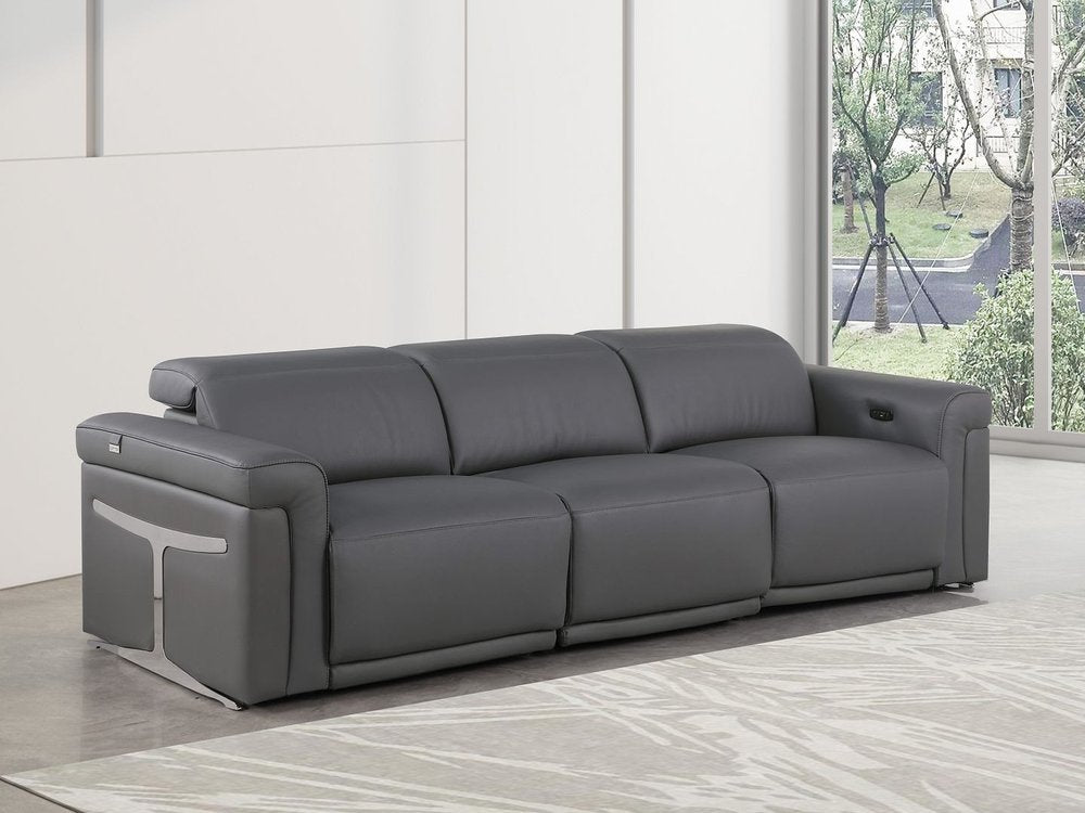 100" Beige Top Grain Leather Reclining Metal USB Sofa