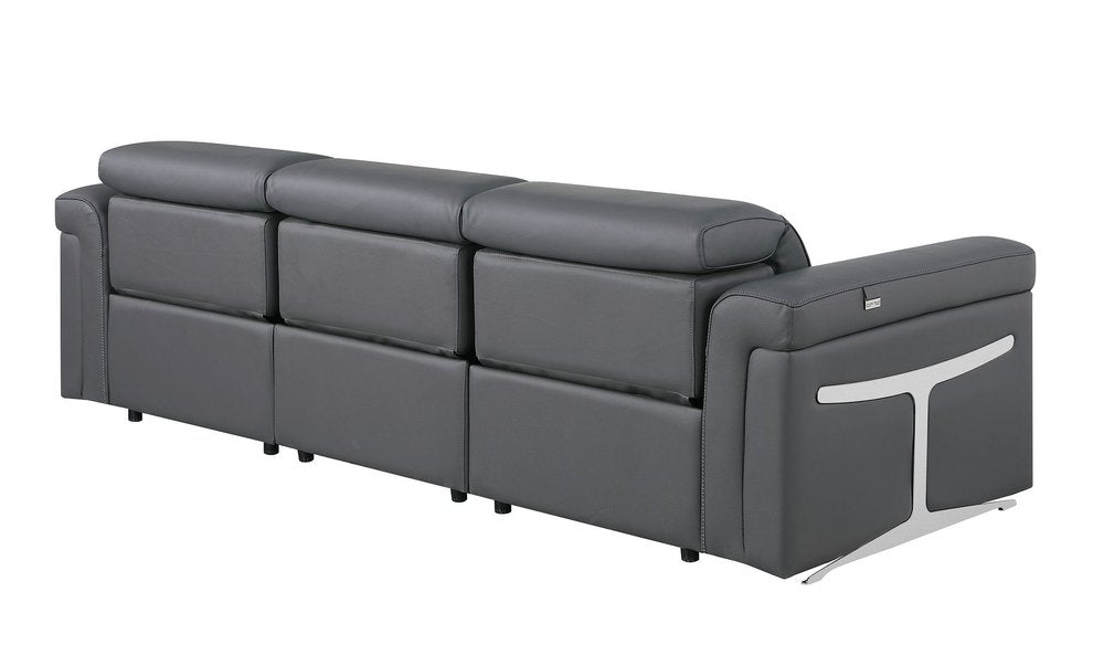 100" Beige Top Grain Leather Reclining Metal USB Sofa