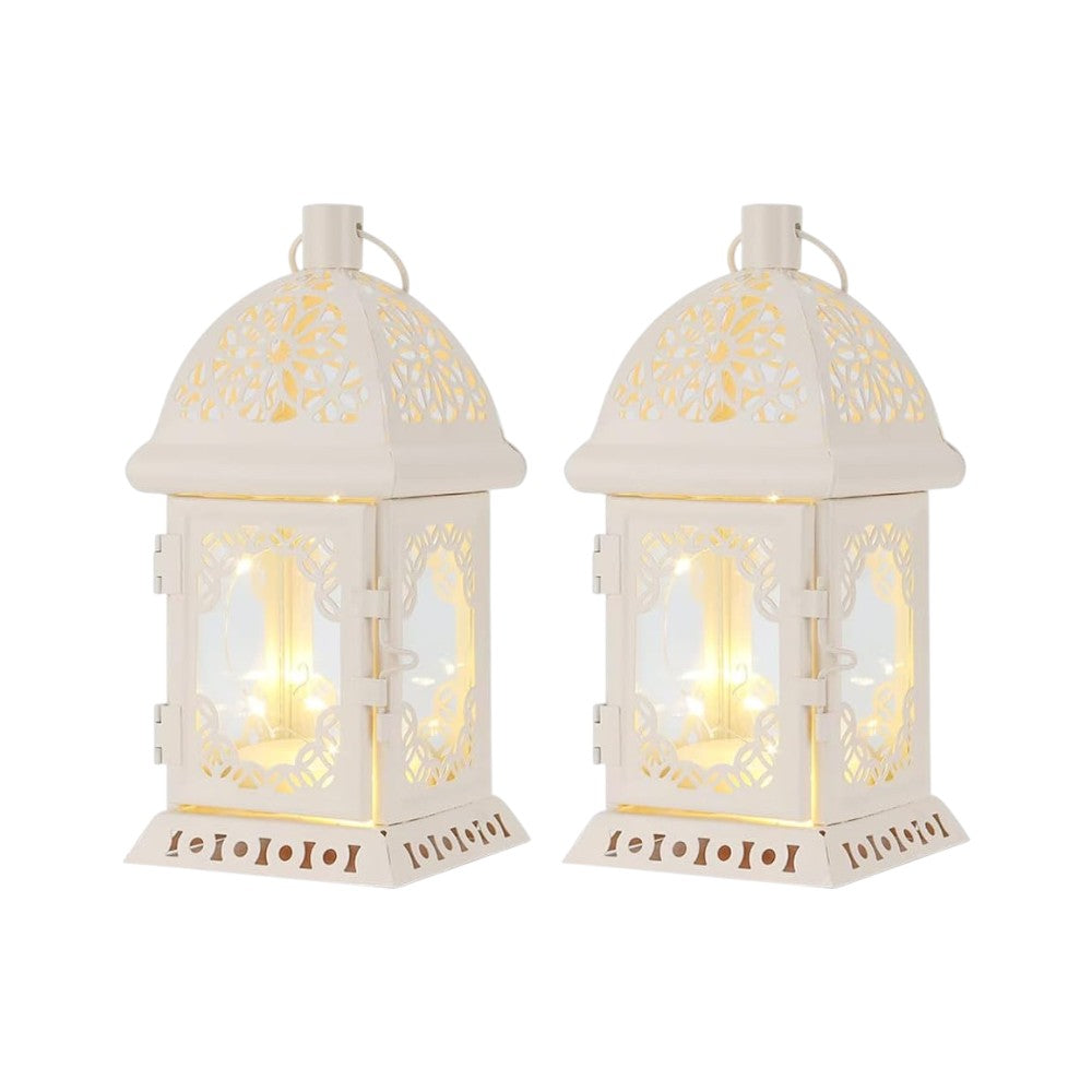 Set of Two 8" White Metal And Glass Pierced Scrollwork Lantern Lamps