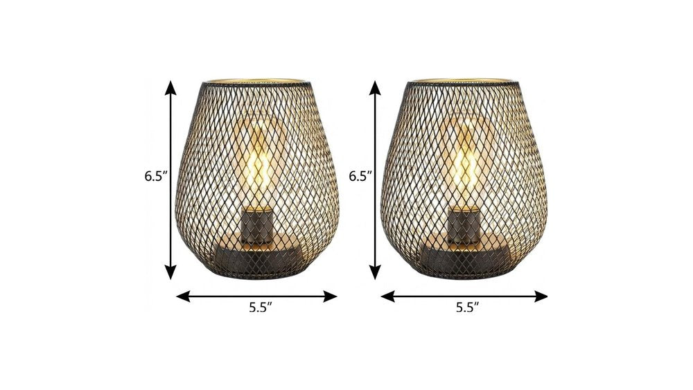 Set of Two 7" Antiqued Bronze Pierced Geometric Cordless Lantern Lamps