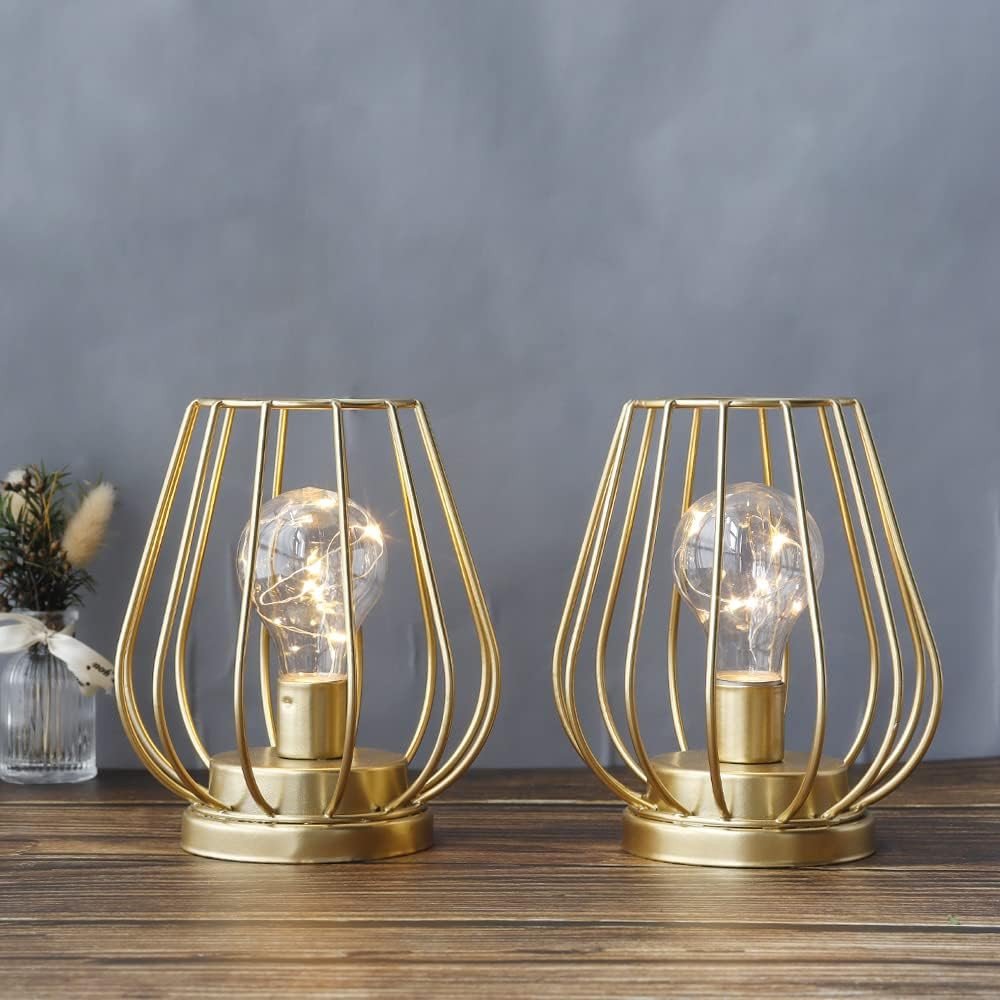 Set of Two 7" Gold Geometric Geometric Cage Cordless Desk Lamps