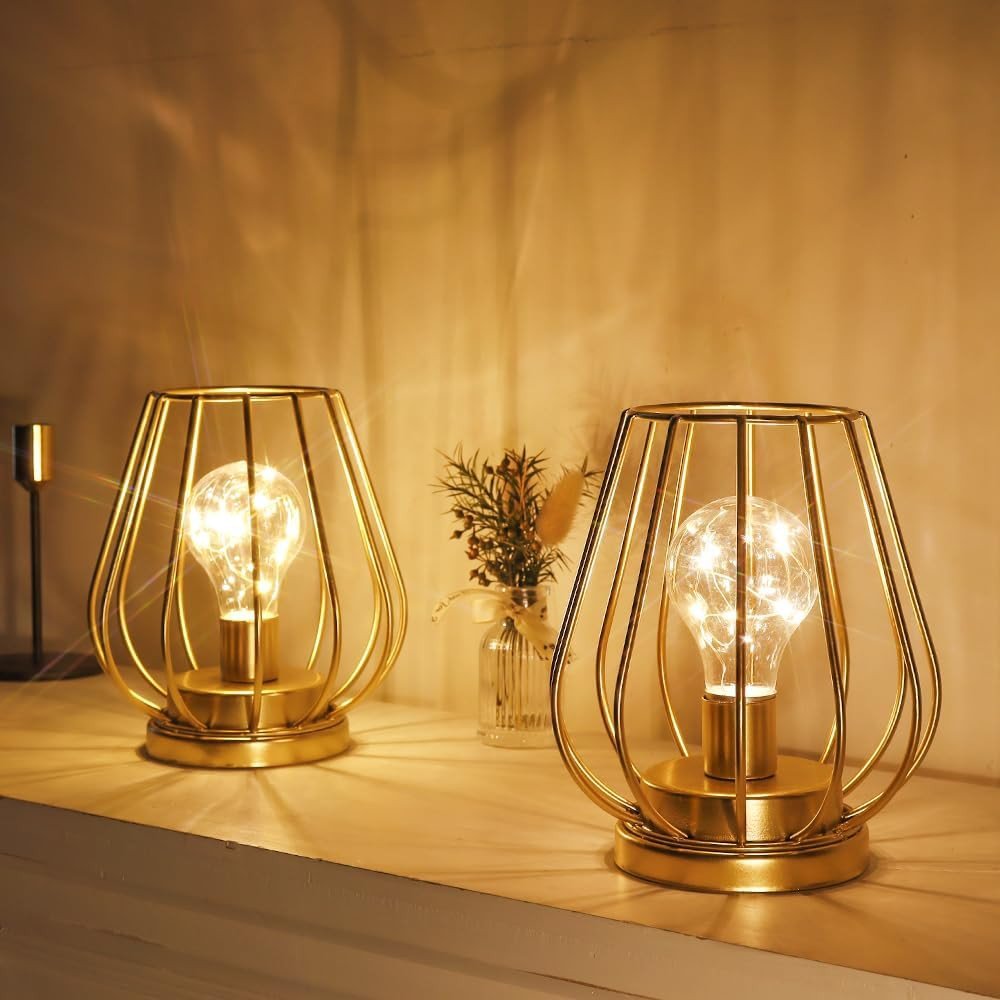 Set of Two 7" Gold Geometric Geometric Cage Cordless Desk Lamps