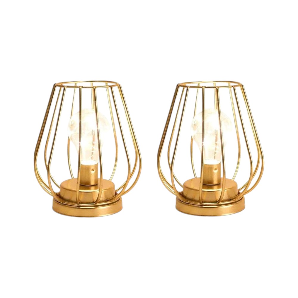 Set of Two 7" Gold Geometric Geometric Cage Cordless Desk Lamps