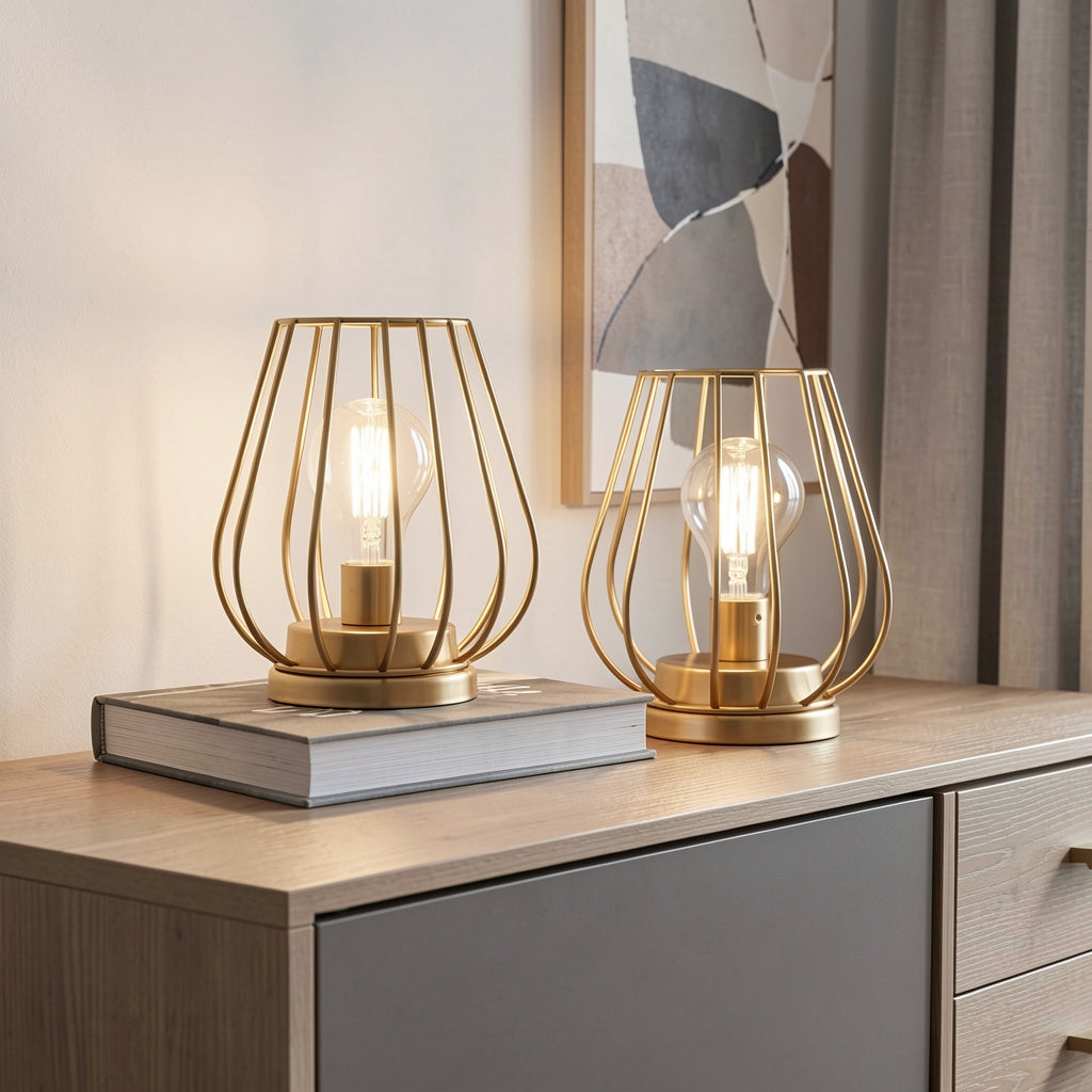 Set of Two 7" Gold Geometric Geometric Cage Cordless Desk Lamps