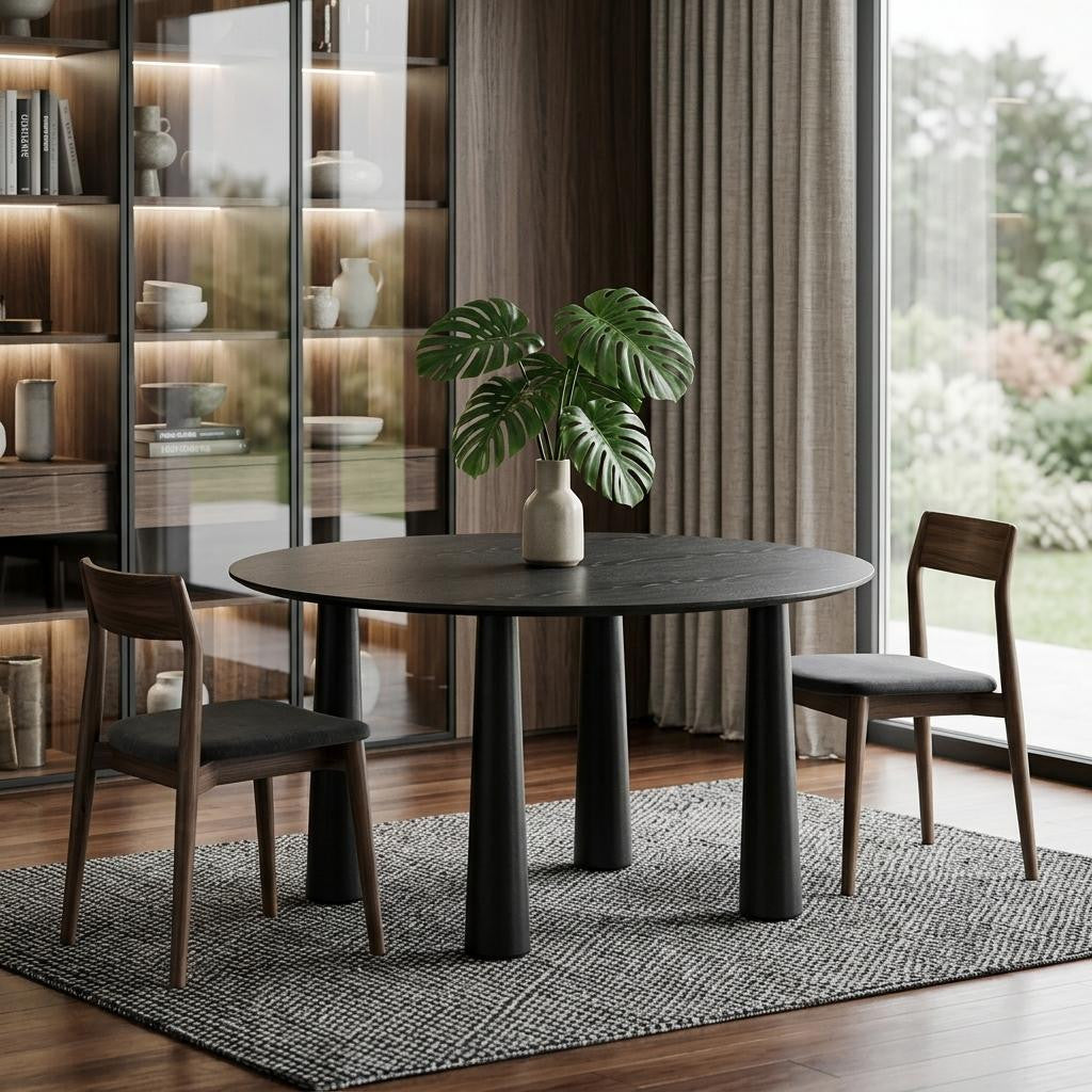 59" Black Solid Wood Round Top Dining Table