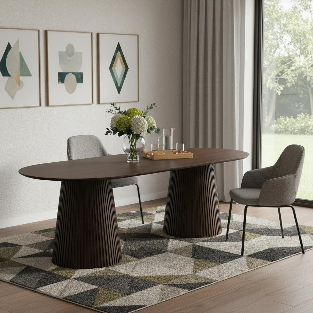 86" Walnut Solid Wood Double Pedestal Base Oval Dining Table