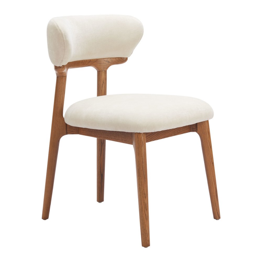 Set of Two White and Brown Upholstery Open Back Dining Side Chairs