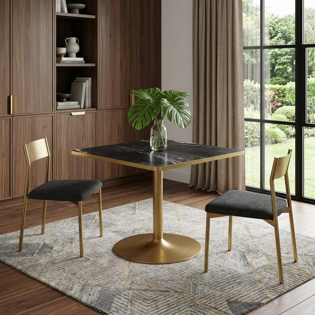 36" Black And Gold Faux Marble And Steel Pedestal Base Square Dining Table