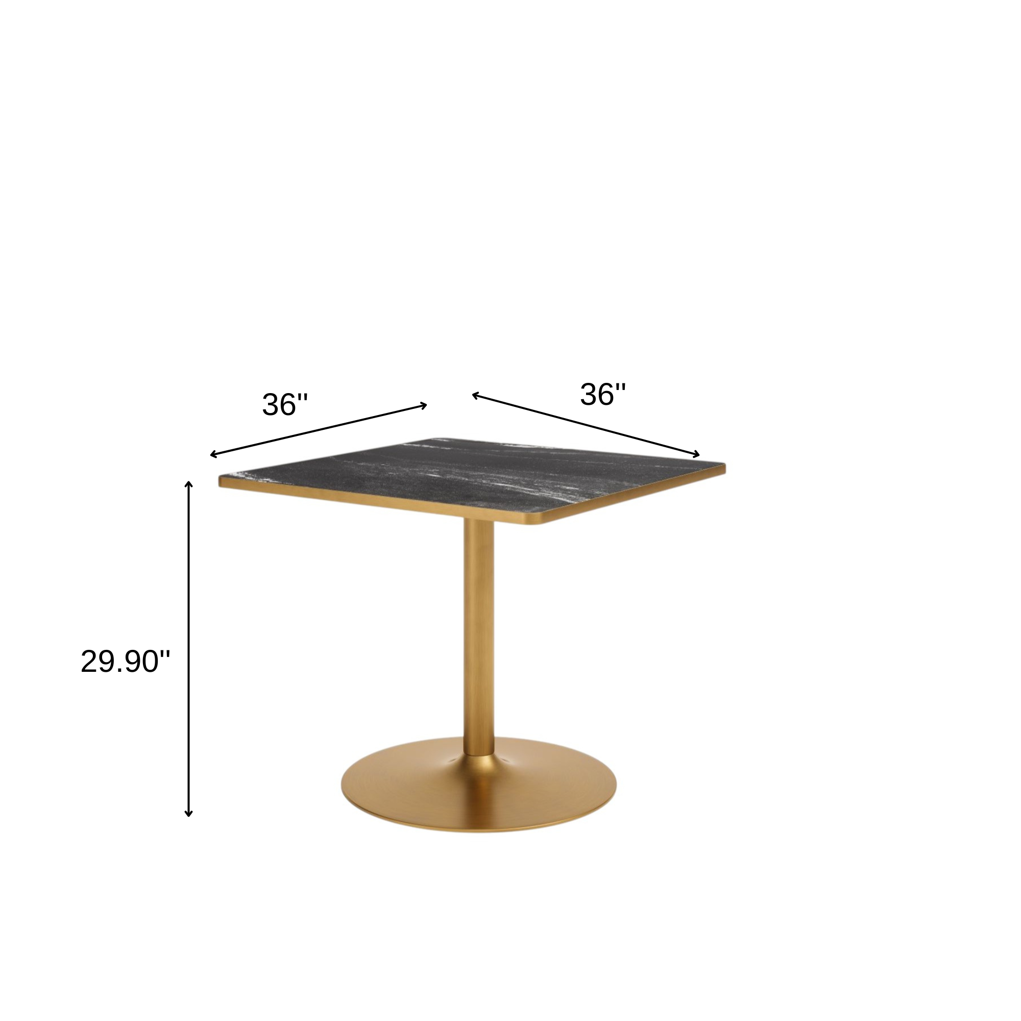 36" Black And Gold Faux Marble And Steel Pedestal Base Square Dining Table