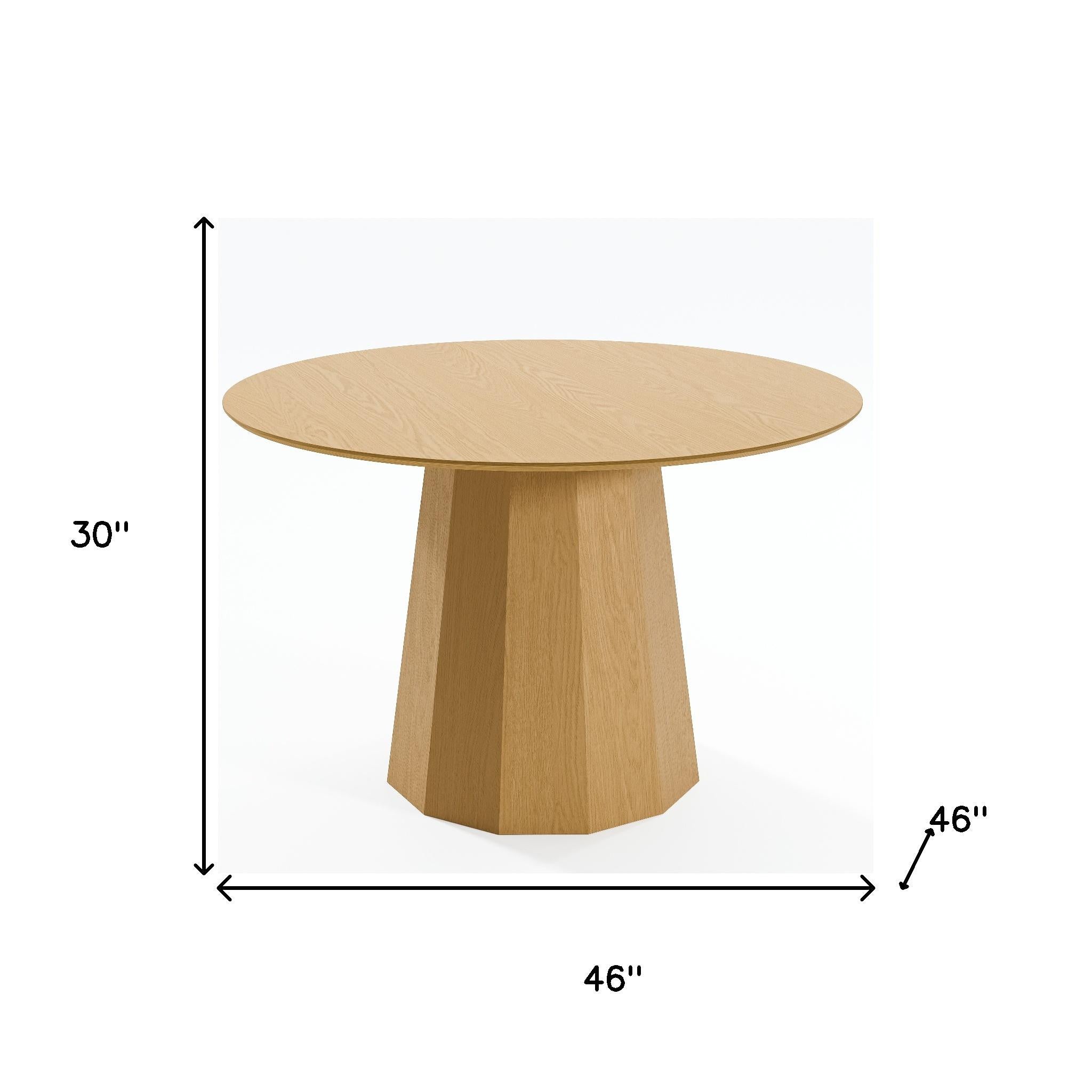 46" Oak Wood Pedestal Base Beveled Edge Round Top Dining Table