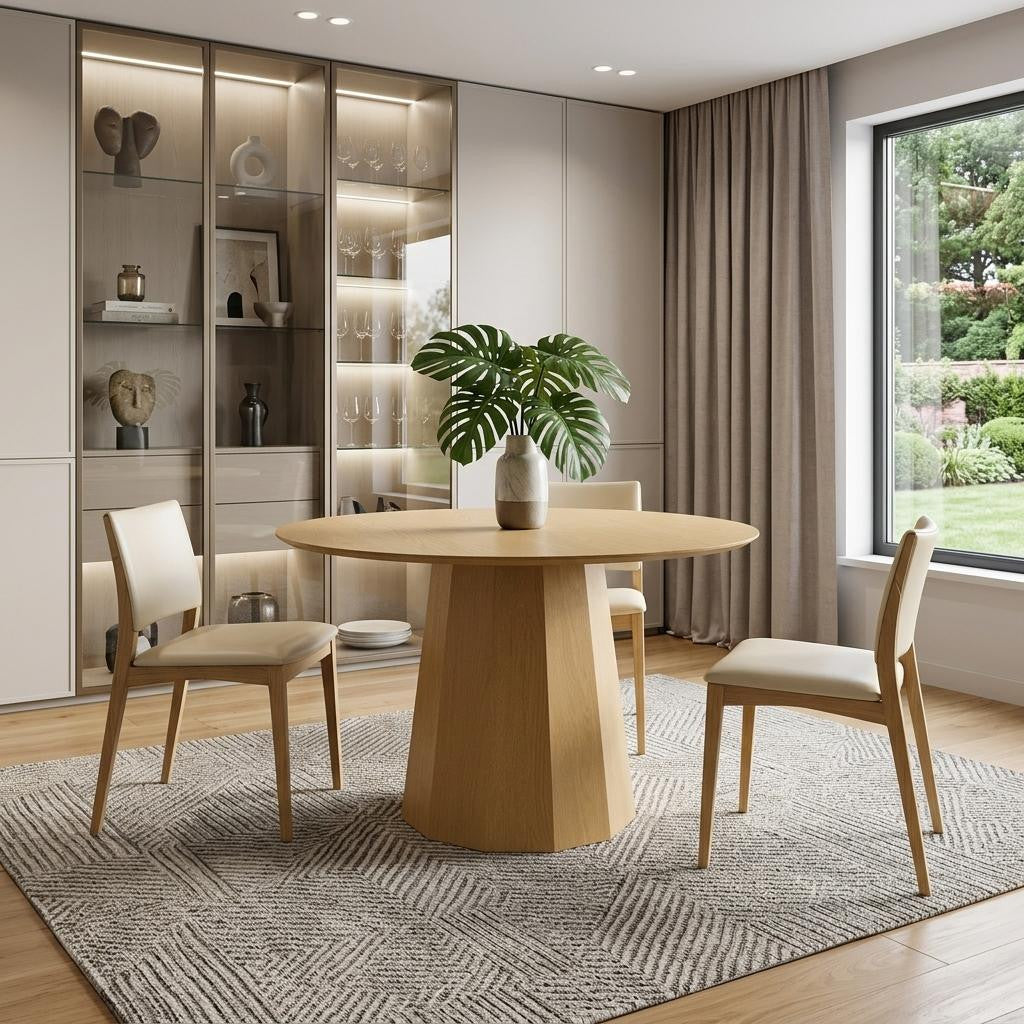 46" Oak Wood Pedestal Base Beveled Edge Round Top Dining Table