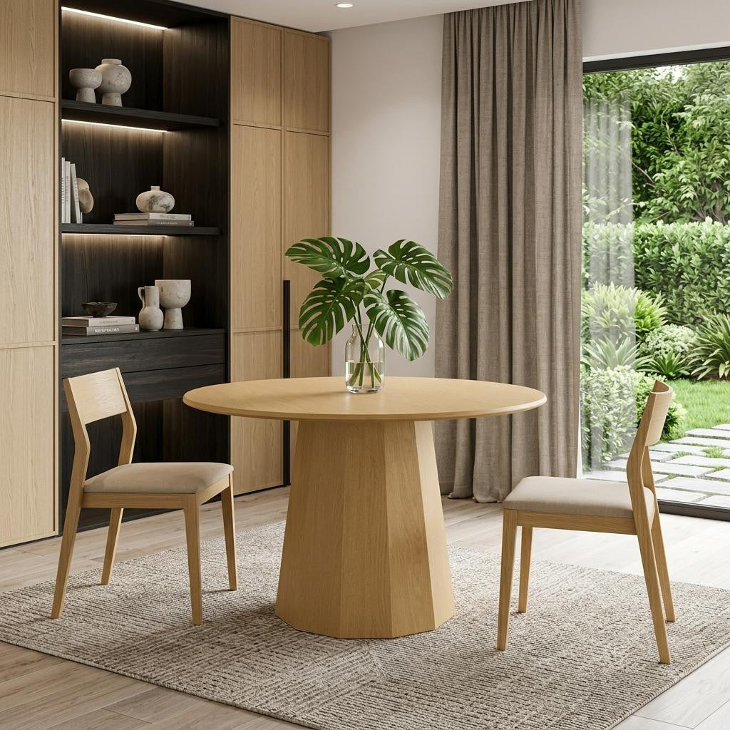 46" Oak Wood Pedestal Base Round Top Dining Table