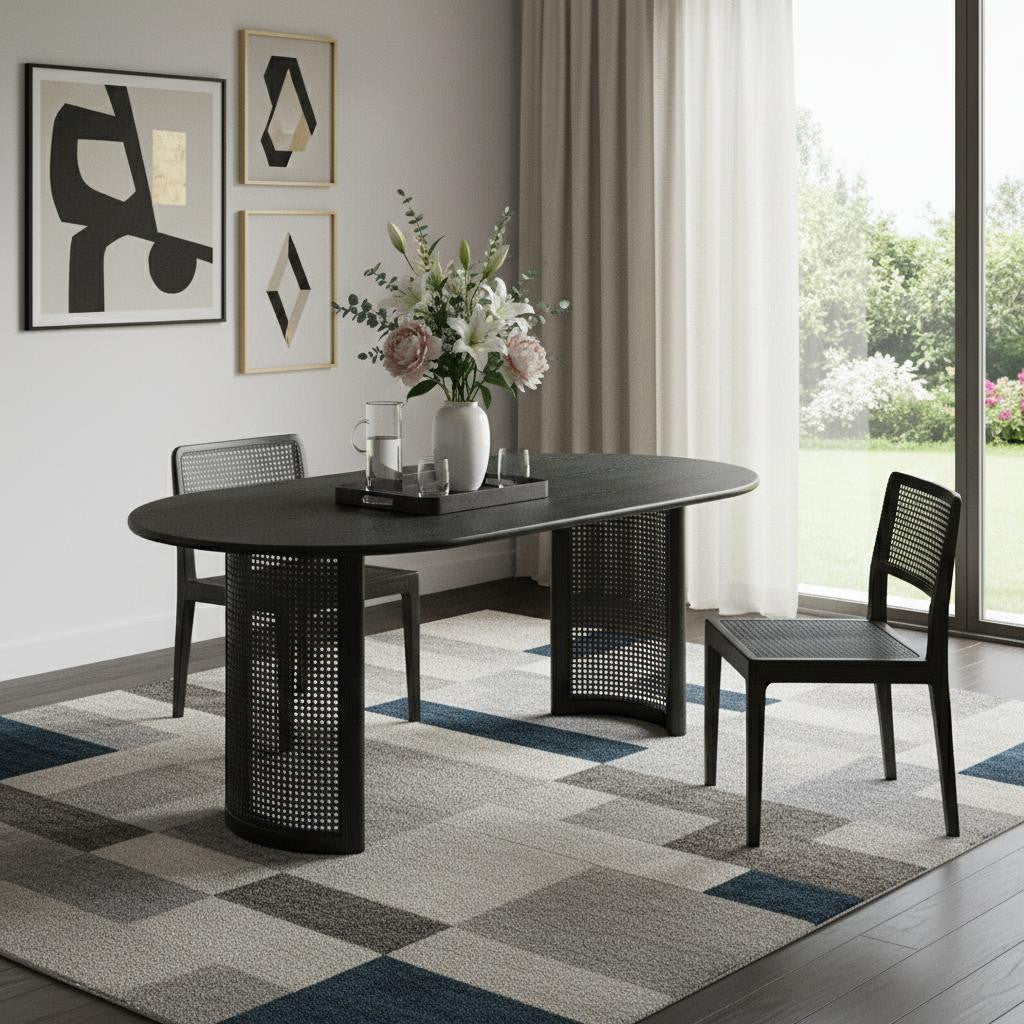 79" Black Solid Wood Double Pedestal Base Oval Dining Table