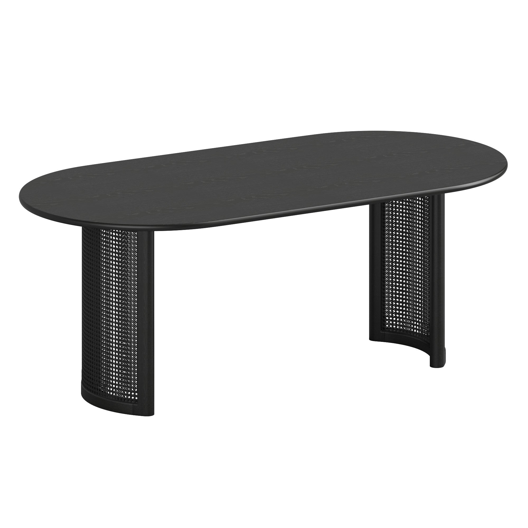 79" Black Solid Wood With Rattan Double Pedestal Base Oval Dining Table