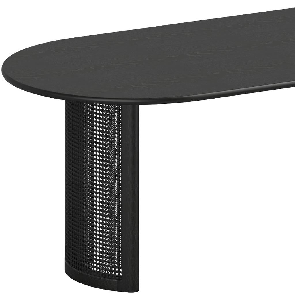 79" Black Solid Wood With Rattan Double Pedestal Base Oval Dining Table