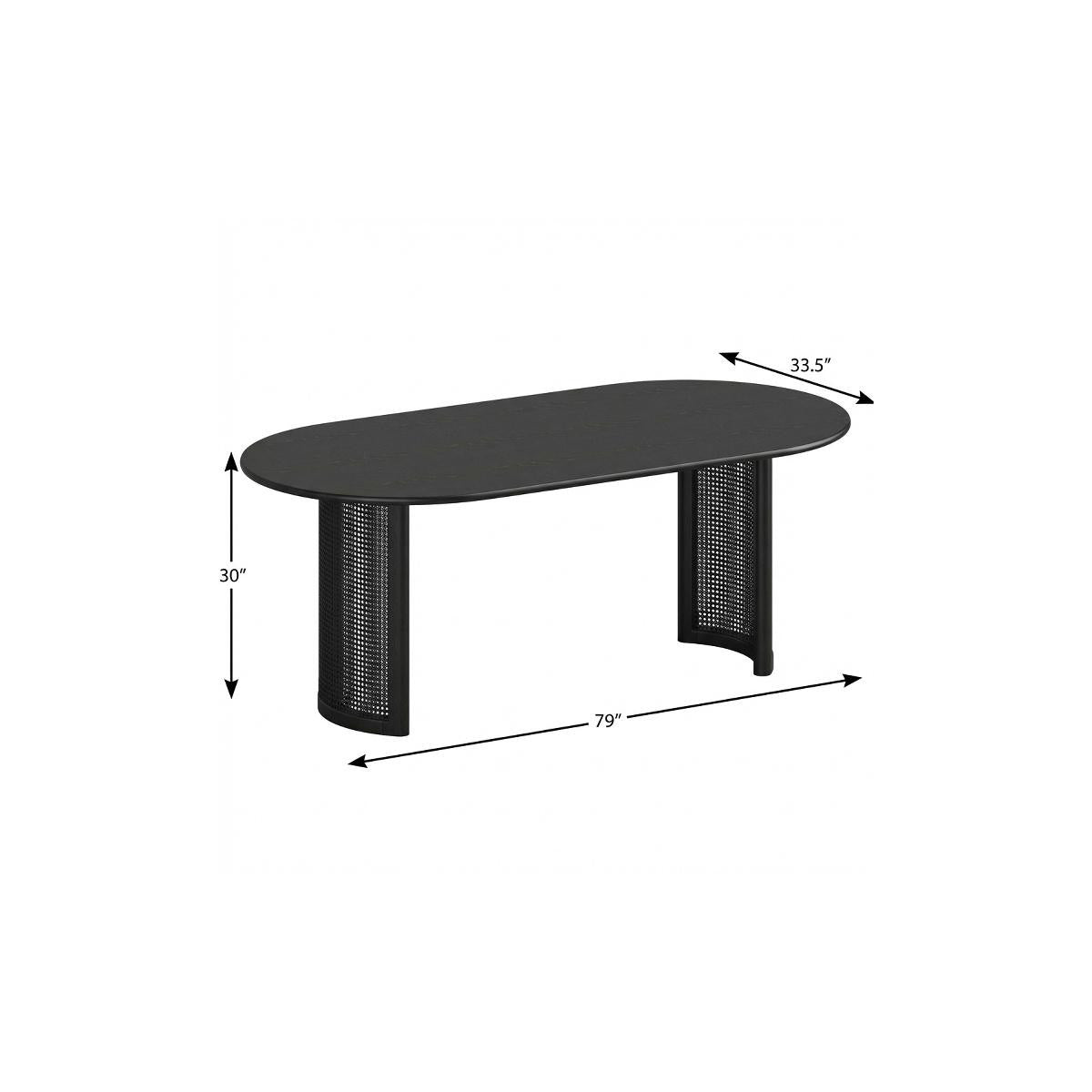 79" Black Solid Wood With Rattan Double Pedestal Base Oval Dining Table