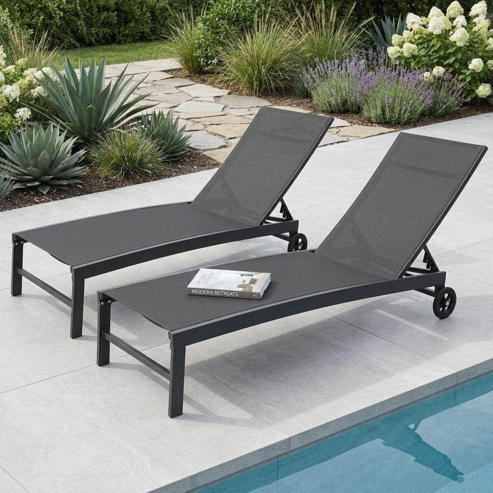 Set of Two Black Aluminum Five Position Adjustable Outdoor Chaise Lounges
