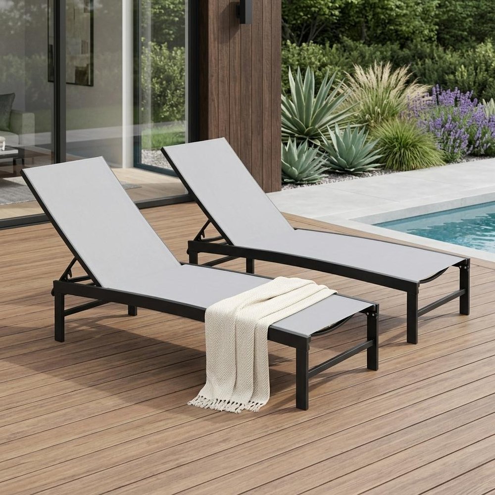 Set of Two Light Gray Aluminum Five Position Adjustable Outdoor Chaise Lounges