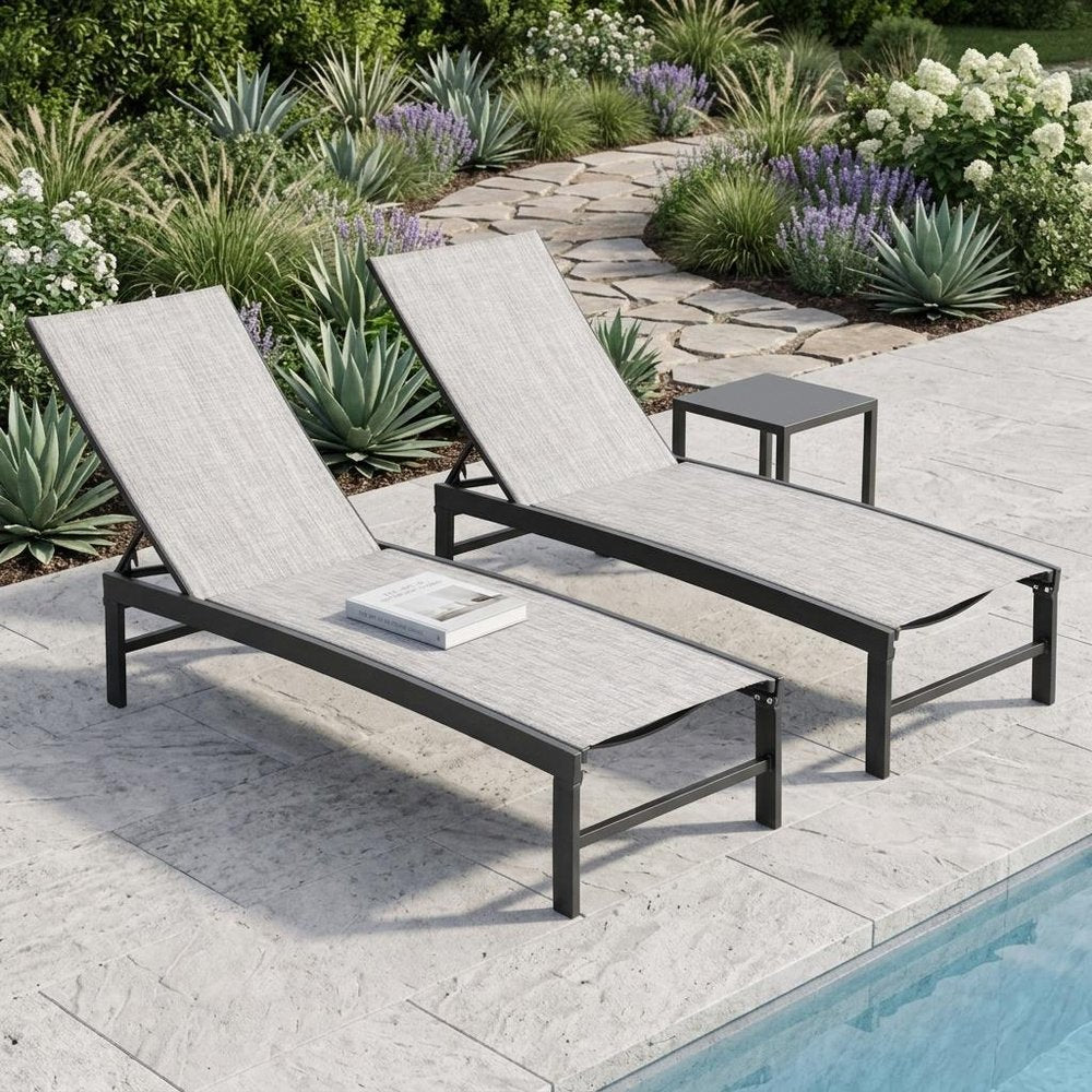 Set of Two Silver Aluminum Six Position Adjustable Outdoor Chaise Lounges