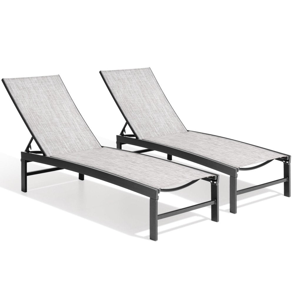 Set of Two Silver Aluminum Six Position Adjustable Outdoor Chaise Lounges