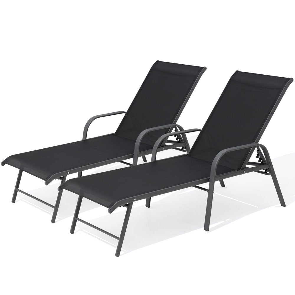 Set of Two Black Aluminum Six Position Adjustable Outdoor Chaise Lounges