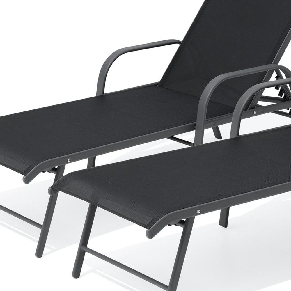 Set of Two Black Aluminum Six Position Adjustable Outdoor Chaise Lounges