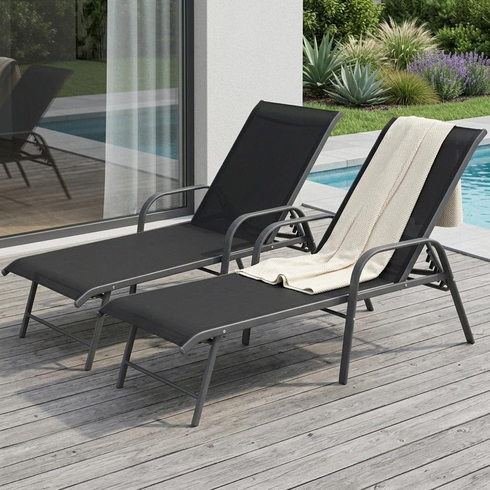 Set of Two Black Aluminum Six Position Adjustable Outdoor Chaise Lounges