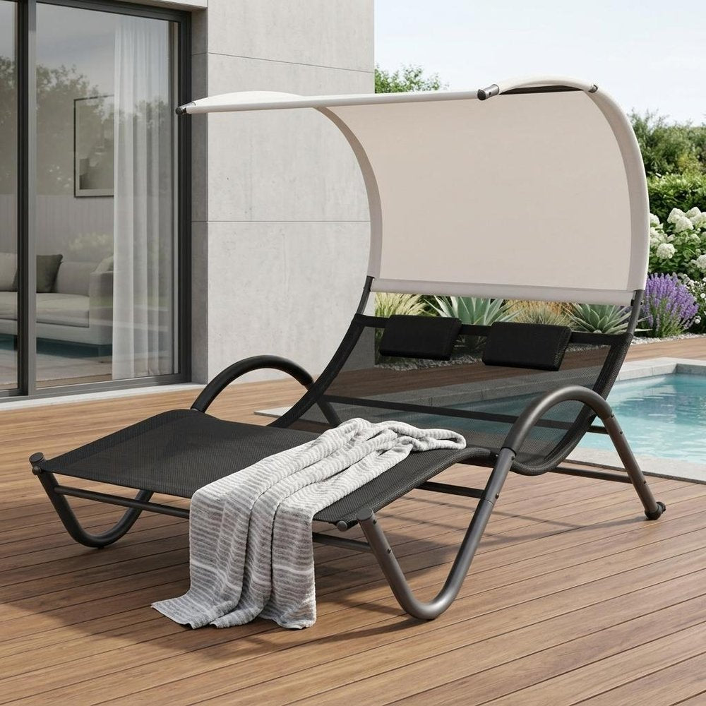 73" Gray Aluminum Sling Outdoor Chaise Lounge With Canopy