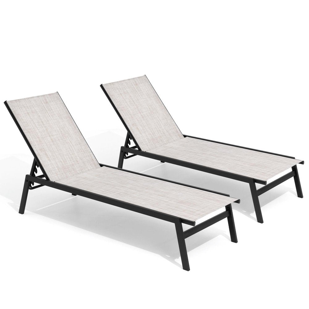 Set of Two Beige Aluminum Five Position Adjustable Outdoor Stacking Chaise Lounges