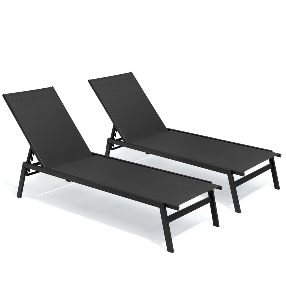 Set of Two Black Aluminum Five Position Adjustable Outdoor Stacking Chaise Lounges